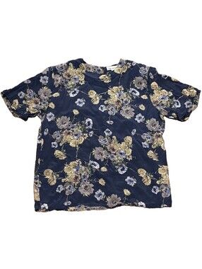 Vtg Anna and Frank 100% Silk Blouse S Navy Floral Short Sleeve 90s Y2K Cottage